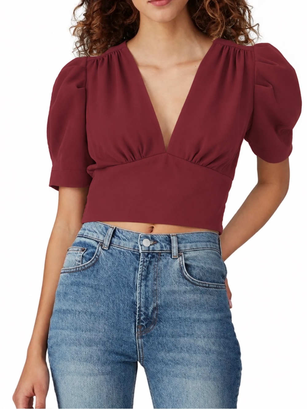 Amanda Uprichard Rosen Top Wine Puff Sleeve Cropped Blouse Size S